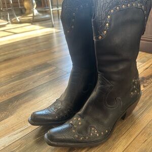 Pollini Black Studded Leather Heeled Boots from Chili, leather soles
